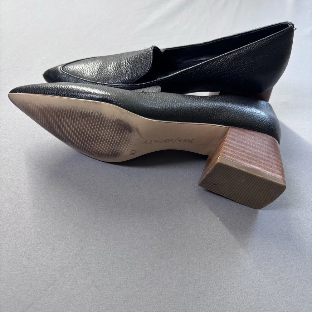 Sole Society Women's 7 Genuine Leather Black Block Heel Slip On Pointed Toe‎